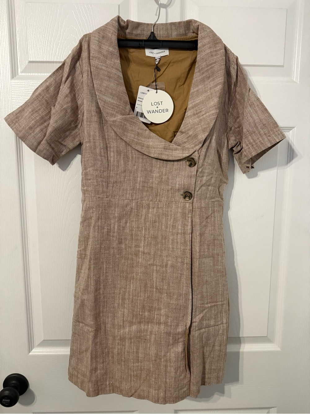 NWT Lost + Wander Neutral Taupe Short-Sleeve Wrap Dress mini